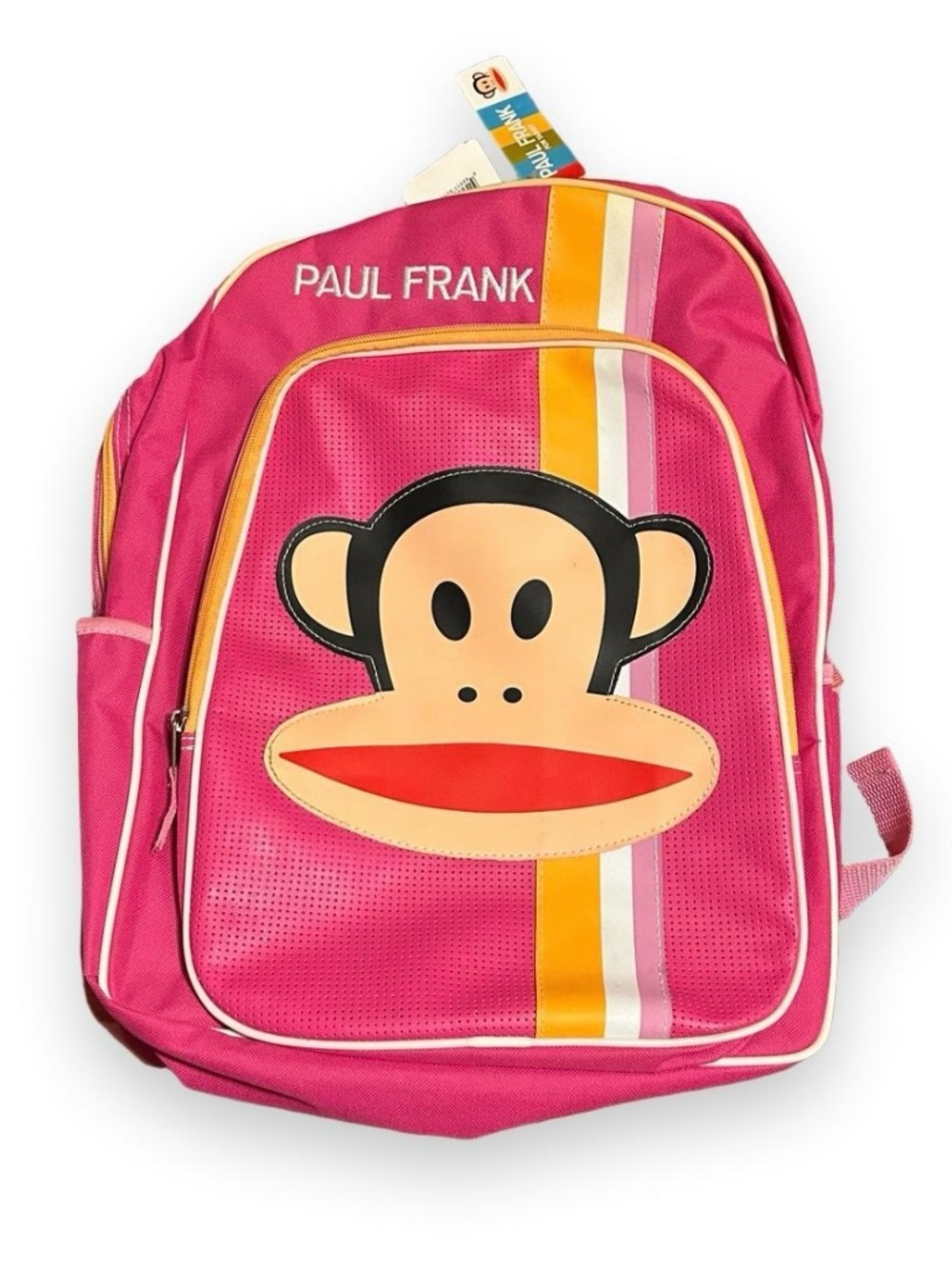 NWT 2011 paul frank pink backpack with orange, white, and pink stripes